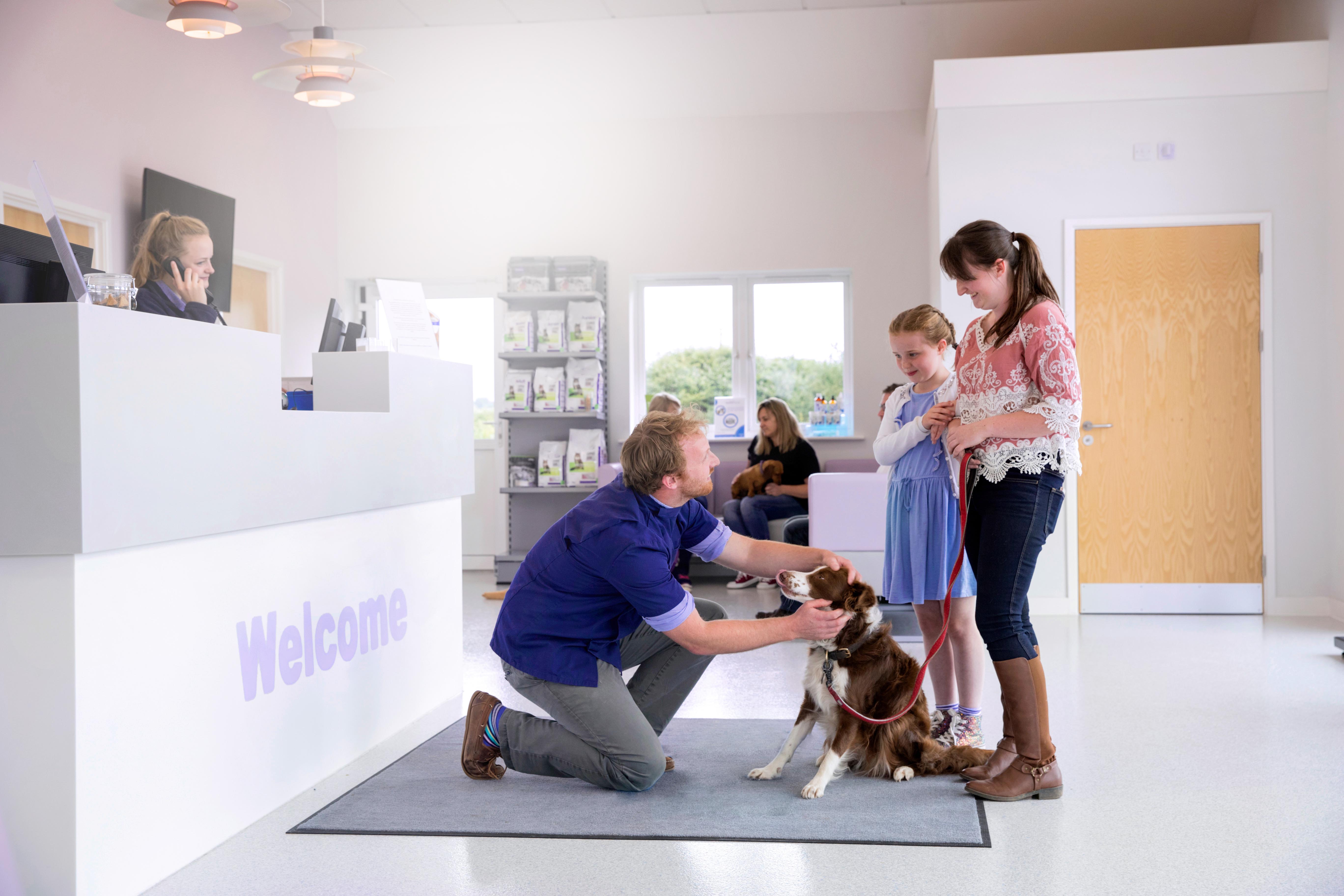 vet greeting patient at the front desk